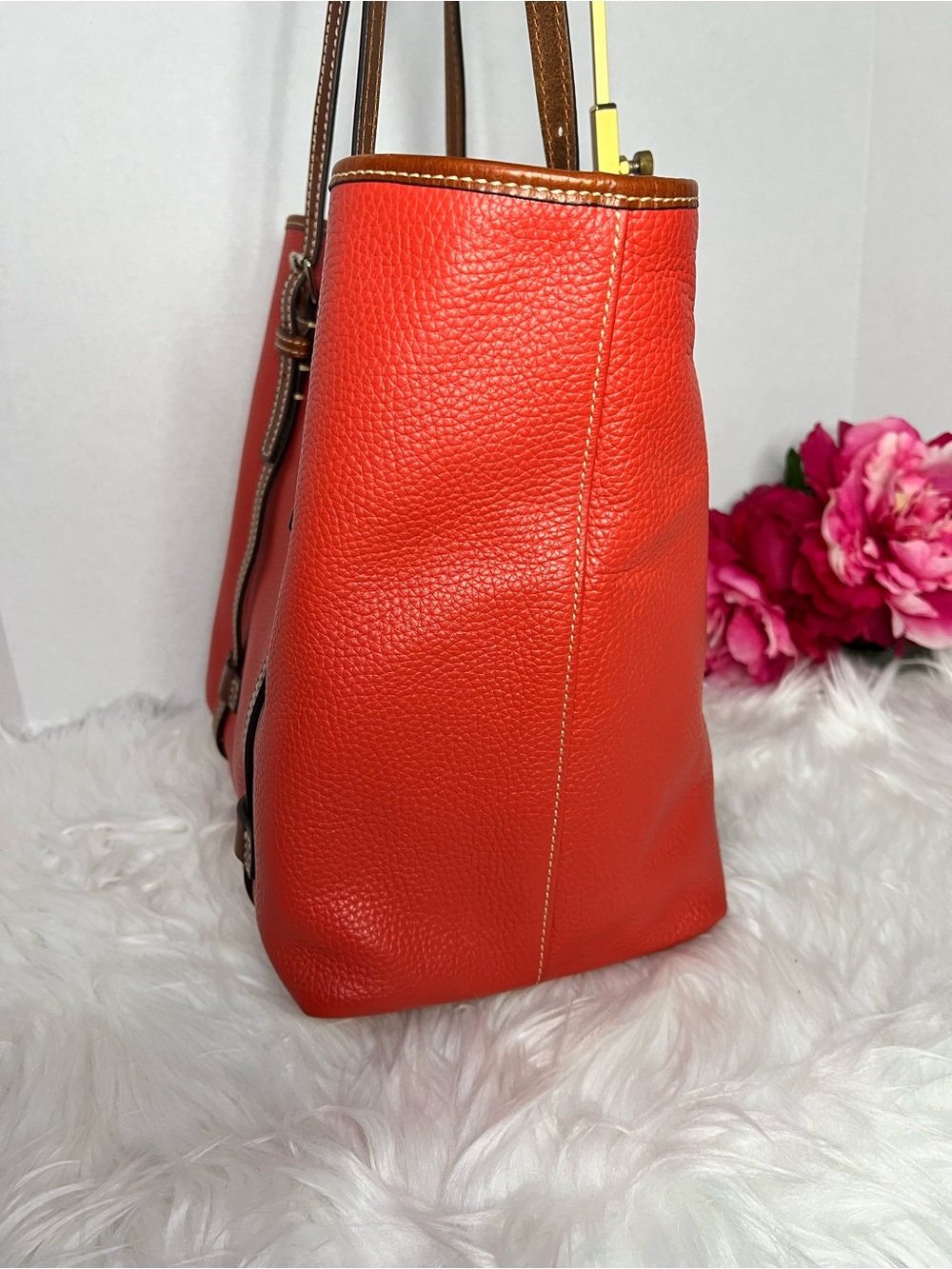 Dooney & Bourke Burnt Orange Pebbled Leather East/West Tote with Brown Trim - Picture 4 of 11